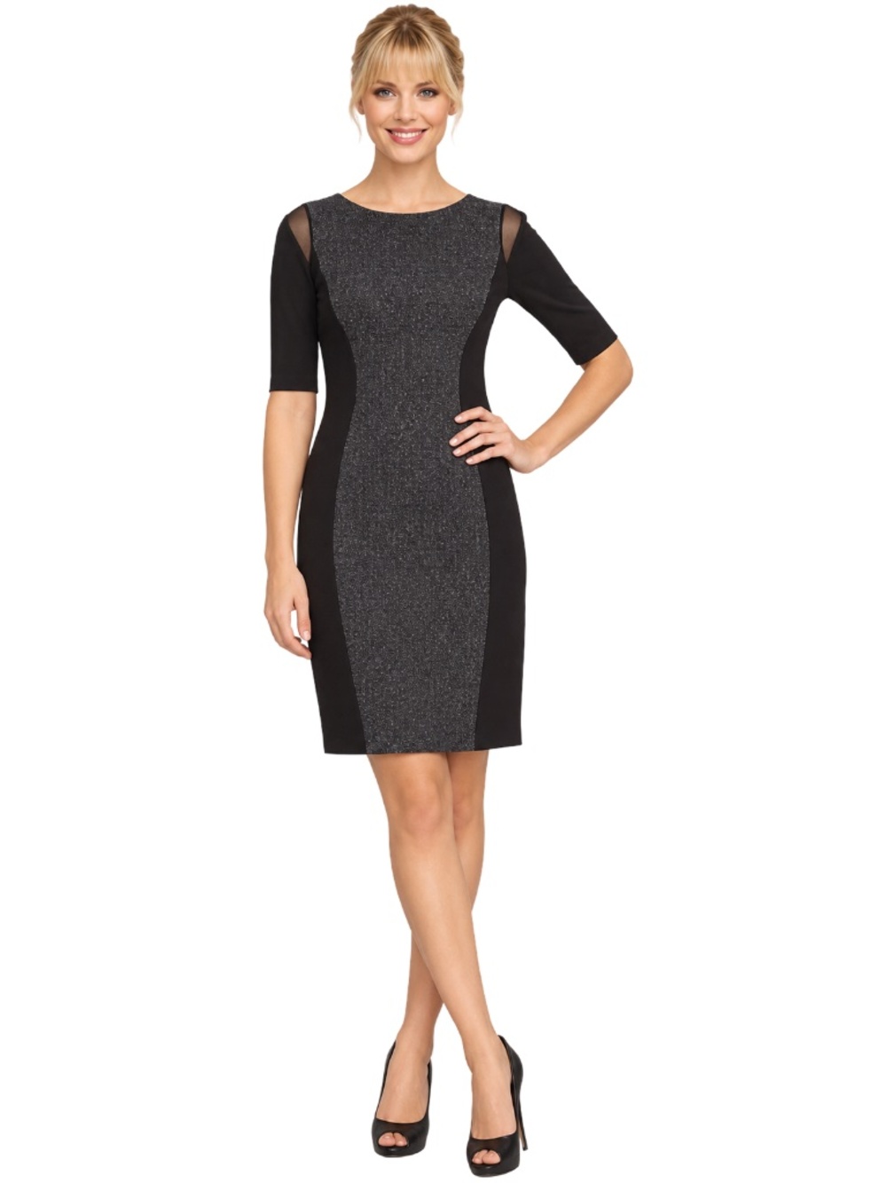T Tahari Dilana Dress Rayon Blend Sheath Scuba Ashen Mesh Inserts Stretch Lined